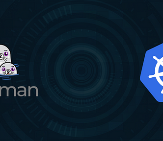 The Podman logo with three seals and the Kubernetes logo on a dark background.
