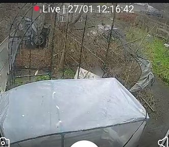 A plastic covered frame for a bike shelter out my front window