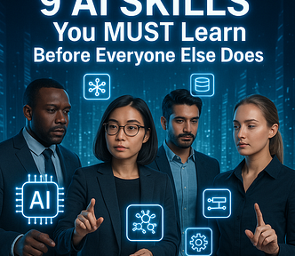 a futuristic, dynamic cover image showing a diverse group of professionals (not programmers) interacting with floating AI icons and holographic shortcuts. In the background, a digital cityscape or data network pulses with light. The people look empowered and focused. Bold modern typography displays the title: “9 AI Skills You MUST Learn Before Everyone Else Does”