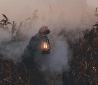 A person holding a lantern, their face obscured by smoke, standing in a field of tall, dried grass. The scene is both mysterious and haunting.