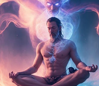 AI-generated full-body shot of a man meditating as a wispy evil spirit subtly rises behind him in the background