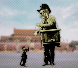 An organ grinder with a monkey. The organ grinder’s head has been replaced with a Gilded Age caricature of a sneering millionaire. The monkey’s head has been replaced with the head of a miserable child coal miner. The background is a blurred, halftoned view of a vast square in Beijing with a giant official building in the background, and a Chinese flag on a flagpole. On the organ is a blurred portrait of John Philip Sousa.