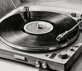 Charcoal drawing showing  a record player and black vinyl playing on it.