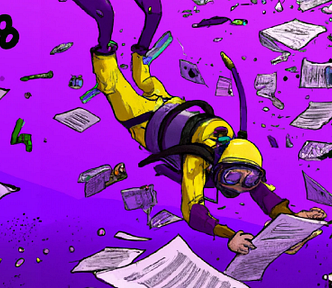 A scuba diver going diving into a sea of research reports and numbers