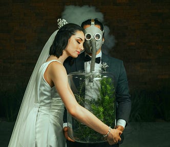 A woman in a dress is holding a glass jar with green plants for a  man wearing a gas mask.