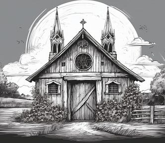 AI-generated picture of a barn with Notre Dame Cathedral elements