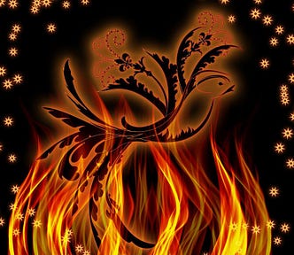 phoenix bird silhouette rising from flames underneath against a black background with tiny orange stars