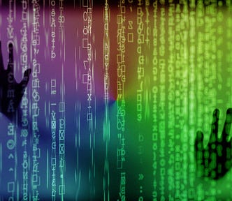 purple, red and eerie green colored background with vertical bars and two shadowed palms pressing against the scene