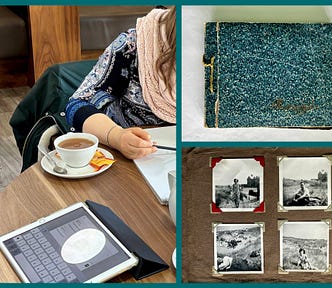 A collage of three images. A coffee shop with an iPad, a cup of tea, and a woman drawing; an old photo album; and one of the album pages with black and white photos from the 1950s.