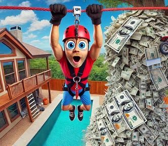 big-eyed man holds onto a rope above a pool next to a tree covered in money — Bloggers: One Sentence = Thousands Online