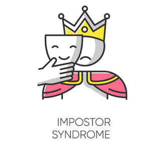 Clipart image of a character dressed as royalty, preparing to place a happy-face mask on, the words “Impostor Syndrome” typed below