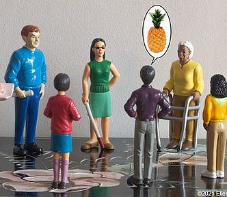 A set of toy figurines seem to talk in a circle; a pineapple appear above one of them, please read the post for context!