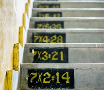 Concrete stairs, probably from a school, with the 7 times tables painted on them, ascending as the stairs go up. The times tables are written in yellow on black chalkboard paint on the left-hand side of each step. The bottom stair shows 7x2=14, then it goes up until the last one you can see is 7x5=35, but it’s clear the times tables continue going. Cropped out of the bottom of the picture is 7x1=7.