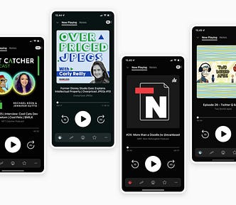 Four smartphones showing some of the podcasts from this article.