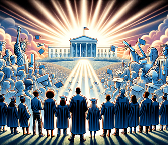 Diverse graduates look towards light, symbolizing hope and student loan forgiveness.