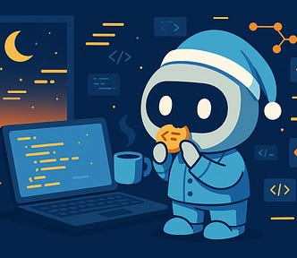 A cute blue robot wearing a winter hat sits at a laptop computer, holding a steaming mug of coffee. The scene shows a cozy nighttime coding environment with a crescent moon visible through a window, floating code symbols, and warm golden code displayed on the laptop screen.