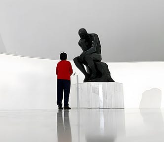 A woman looking at a statue of the thinker in a futuristic art gallery.