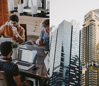 A photo showing a start-up culture on the left and skyscrapers on the right