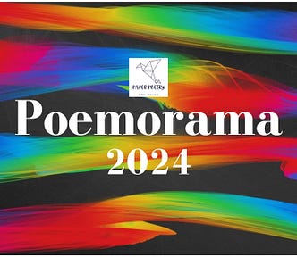 A colourful feathery abstract design on a black background with the label, Poemorama 2024 overlaid in the centre.