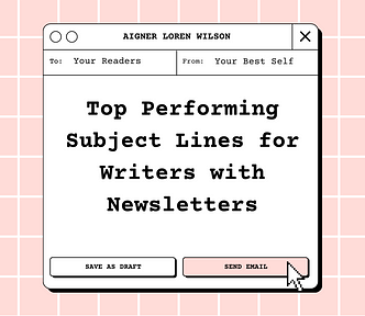 Top Performing Subject Lines for Writers by Aigner Loren Wilson article cover. There is a pink gridded background and over top of that is a message box. At the top of the message box is Aigner Loren Wilson. Below that it says like an email (to: Your Readers) (from: Your Best Self). Inside the message box in large letters are the words Top Performing Subject Lines for Writers with Newsletters. Below that are two buttons , save as draft and send email, and a mouse pointer.