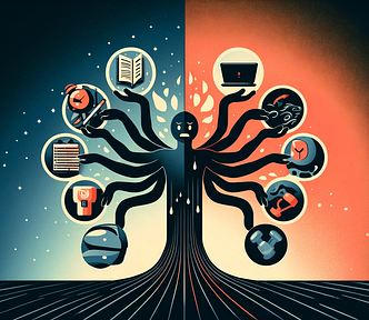 Figures showing multitasking chaos versus focused productivity in contrasting backgrounds — This Misconception Will Bleed Your Productivity Dry