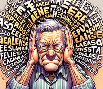 An older man squinting his eyes shut and covering his ears, with Spanish words floating around him, capturing his struggle and the whimsical nature of the scenario.