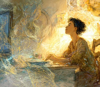 Painterly image of a short-haired female sitting contemplatively at a table, head tilted slightly upward. Three luminous, transparent shapes suggested by sacred-geometry lines are also in the room. Light glows from behind the seated figure. The scene is peaceful and comforting.