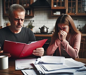 A 50-year-old man sits at a kitchen table across from his 16-year-old daughter. A red dossier lies on the table between them, and the daughter, with tears streaming down her cheeks, reads from sheaves of papers in her hands.