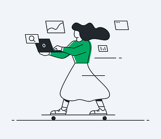 An illustration of a woman riding a skateboard while on designing on a laptop