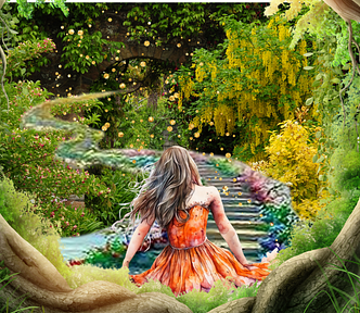 girl sitting in intertwined tree portal into garden of green and gold