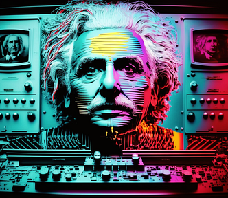 Image of Einstein against old computer terminals