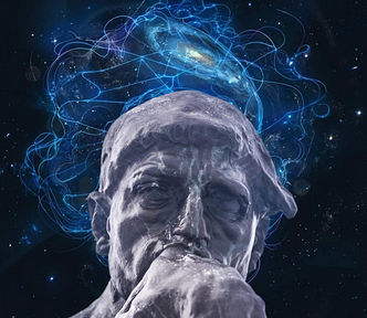 Close up of The Thinker amidst Cosmic glow