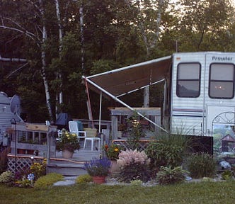 our camping trailer and ancient deck