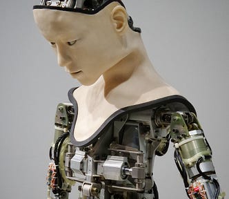 Humanoid robot torso showing inner workings but with a faux-human face