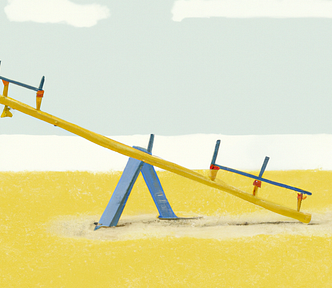 Digital art of a yellow see-saw on the beach.