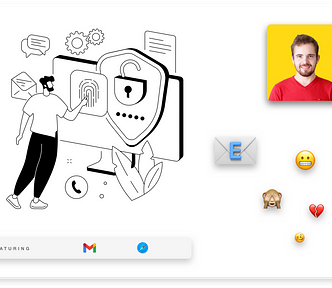 An illustration of a man touching a fingerprint on a screen on the left. An image of the author on the top right.