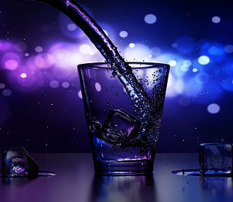 chilled glass with a straw and ice, some ice melting on the table, bright disco lights in the background shading from purple to cobalt blue