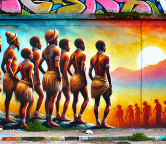 An imagined depiction of an ancient human tribe gathered at sunrise, gazing toward the horizon.