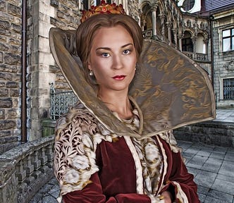 noblewoman, queen, ornate collar, stone building interior as background