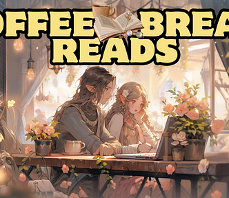 Cartoon of an elf couple at a laptop, holding coffee, plus the words coffee break reads