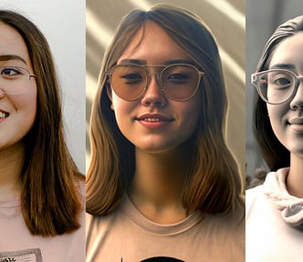 three imaes of a girl wearing glasses. two images are AI generated by MidJourney