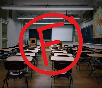 Red F with circle over image of classroom with empty desks