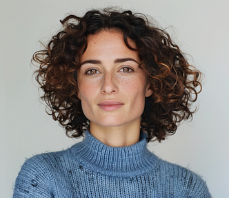 Headshot of a white woman with dark curly hair, wearing a blue sweater