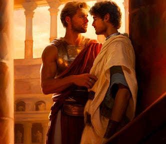 Two ancient Roman men in an intimate scene in the Coliseum. One man is blonde and bearded and dressed like a senator in tunic, toga, and armor, and the other is a brunette slave in a weathered toga and tunic all digitally painted in a warm palette.