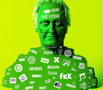 The Frankensteinian bastard child of SAFe® and the Spotify model. Green buste with cyborg facial features on green background coverd in imaginary logos of social media and tech companies.