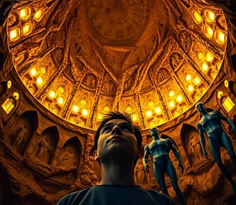 We are seeing the inside of a large, mountain cave. It is dome-shaped and covered in gold from ceiling to floor. The walls are looking tracery, divided into sections by stone mullions, forming trefoils and quatrefoils. Inside each trefoil and quatrefoil pod are human figures of all ages. The high, sloping walls form lancets at the top where they meet the ceiling and a bright but hazy yellow light filters in. In front of the humans contained within the pod stands a man.