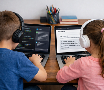 Two children are seen from behind sitting at a table with laptops and wearing headphones. One child is programming with the assistance of ChatGPT, while the other is learning to write a text with the help of ChatGPT.