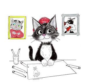 author’s cartoon cat with portraits of Sylvester and Fritz in the background