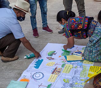 A man and two women kneel over a large piece of paper covered in images and notes as part of preparation for community diagnostics, Panicuy y Calbalcol, Guatemala.