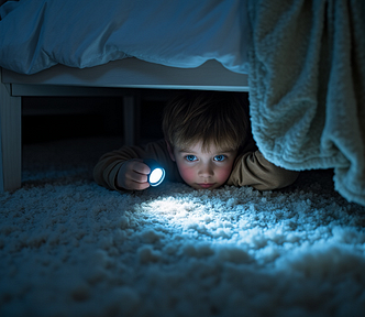 Child with a flashlight searching under a bed for Christmas presents.
